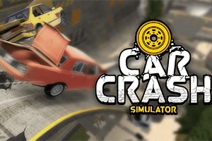 Två bilar krockar i luften med en suddig bakgrund, och texten Car Crash Simulator visas bredvid