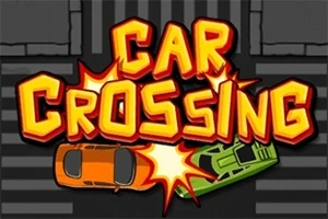 Logotyp för Car Crossing med två bilar i kollision på en mörk bakgrund med vita vägmarkeringar
