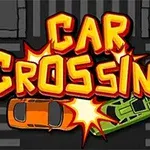 Logotyp för Car Crossing med två bilar i kollision på en mörk bakgrund med vita vägmarkeringar