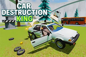 Vit bil med öppna dörrar på gräsplan med buss, barrträd och texten Car Destruction King i bakgrunden