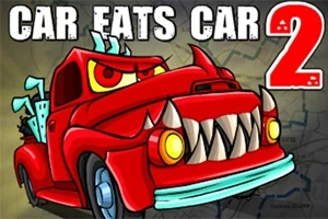 Röd tecknad bil med stora tänder och arga ögon mot en bakgrund av en karta, med texten Car Eats Car 2 ovanför