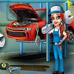 En tecknad mekaniker med verktyg står bredvid en röd bil i ett garage
