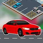 Röd bil parkerad nära en parkeringsplats med blå och orange bilar i bakgrunden samt en parkeringsskylt