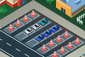 En illustrerad parkeringsplats med bilar och trafikkoner