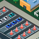 En illustrerad parkeringsplats med bilar och trafikkoner