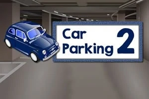 Blå bil bredvid en skylt med texten Car Parking 2 i ett parkeringsgarage