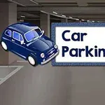 Blå bil bredvid en skylt med texten Car Parking 2 i ett parkeringsgarage