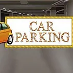Gul bil i ett garage bredvid en skylt med texten Car Parking