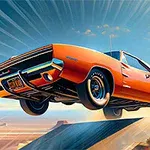 Orange klassisk muskelbil som hoppar över en ramp i högt tempo med en dramatisk himmel i bakgrunden