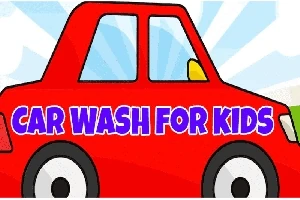Röd tecknad bil mot blå bakgrund med texten Car Wash For Kids i lila bokstäver
