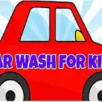 Röd tecknad bil mot blå bakgrund med texten Car Wash For Kids i lila bokstäver