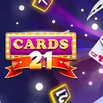 Logotypen CARDS 21 med spelkort i olika färger flygande mot en mörkblå och lila bakgrund med ljuspunkter