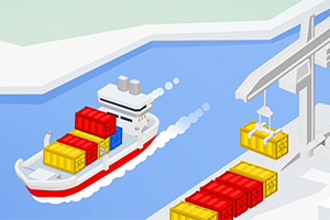 Fartyg med färgglada fraktcontainrar närmar sig en hamn med en containerkran