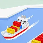 Fartyg med färgglada fraktcontainrar närmar sig en hamn med en containerkran