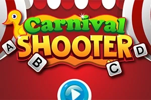 Carnival Shooter FÀrgglad text med orden Carnival Shooter i ett lekfullt teckensnitt, dekorerad med bokstÀverna A, B, C och D pÄ en röd bakgrund