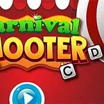 Carnival Shooter FÀrgglad text med orden Carnival Shooter i ett lekfullt teckensnitt, dekorerad med bokstÀverna A, B, C och D pÄ en röd bakgrund