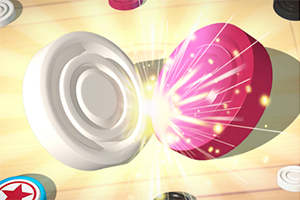 Vita och rosa pjäser kolliderar med ljuseffekter i ett spelbrädesdesign