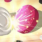 Vita och rosa pjäser kolliderar med ljuseffekter i ett spelbrädesdesign