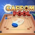Carrom-bräde med färgade pjäser och texten Carrom Pool ovanför