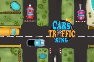 Färgglada bilar står vid en korsning med en stor text i mitten som lyder Cars Traffic King