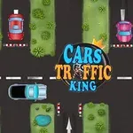 Färgglada bilar står vid en korsning med en stor text i mitten som lyder Cars Traffic King