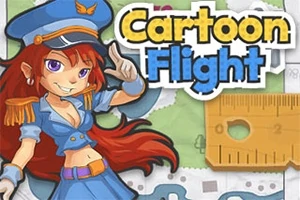 Tecknad figur i flyguniform med långt rött hår mot en bakgrund av kartor och texten Cartoon Flight