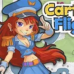 Tecknad figur i flyguniform med långt rött hår mot en bakgrund av kartor och texten Cartoon Flight