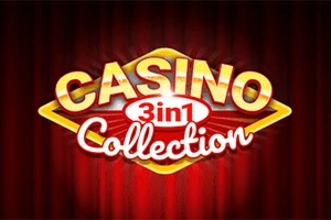 Gul och vit text Casino 3in1 Collection på en röd bakgrund med skuggeffekter