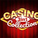 Gul och vit text Casino 3in1 Collection på en röd bakgrund med skuggeffekter