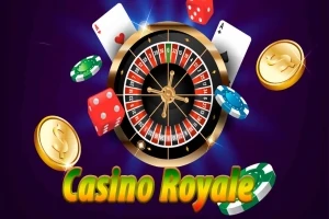Rouletthjul omgivet av spelkort, marker och tärningar mot en mörklila bakgrund med texten Casino Royale