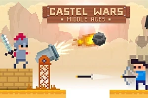 En pixelgrafikbild med två krigare som står på varsin sida av en kanon och en flygande kanonkula, mot en bakgrund av moln och text som lyder Castel Wars Middle Ages
