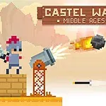 En pixelgrafikbild med två krigare som står på varsin sida av en kanon och en flygande kanonkula, mot en bakgrund av moln och text som lyder Castel Wars Middle Ages