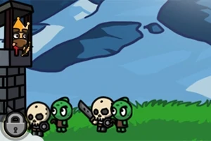 En illustration av tecknade skelettfigurer och gröna varelser som står vid en ståtlig byggnad med en karaktär i ett torn, mot en bergig bakgrund