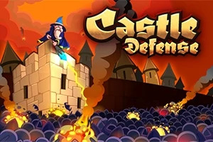 En tecknad fantasyscen med en trollkarl på ett slottstorn, omgiven av eld och fiender, samt texten Castle Defense