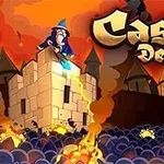 En tecknad fantasyscen med en trollkarl på ett slottstorn, omgiven av eld och fiender, samt texten Castle Defense