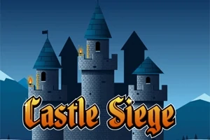Ett medeltida slott med tinnar mot en mörkblå himmel och texten Castle Siege i förgrunden