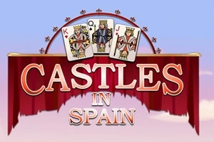 Texten CASTLES IN SPAIN mot en fond av tre spelkort med kung, dam och knekt i ett rött draperi