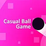 Svart boll med vit svans mot en rosa bakgrund med texten Casual Ball Game och geometriska former