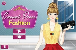Illustration av en kvinna med blont hår i en gul topp och röd kjol, som håller en svart handväska, med en Casual Dress Fashion-titel i bakgrunden