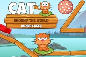 Tecknad katt på träplattformar vid alpina sjöar med en prickig boll