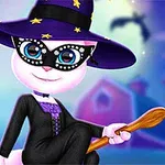 En tecknad katt klädd som en häxa med en lila hatt, stjärnformade dekorationer, och en träkvast, omgiven av halloween-figurer som ett spöke och en pumpa