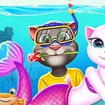 En tecknad bild av två katter där den ena är en sjöjungfru och den andra har dykutrustning med en ros i munnen