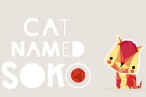 En färgglad, geometrisk kattfigur bredvid texten CAT NAMED SOKO