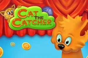 En tecknad orange katt med stora ögon framför ett rött draperi, med en kattunge och text ovanför samt mynt och en blå boll i bakgrunden