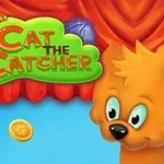 En tecknad orange katt med stora ögon framför ett rött draperi, med en kattunge och text ovanför samt mynt och en blå boll i bakgrunden