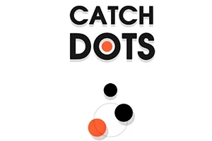 Texten CATCH DOTS i blockbokstäver ovanför svarta och orangefärgade cirklar på en vit bakgrund
