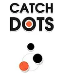 Texten CATCH DOTS i blockbokstäver ovanför svarta och orangefärgade cirklar på en vit bakgrund