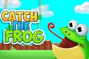 Tecknad groda med utstickande tunga bredvid texten Catch the Frog mot en blå himmel och trästaket