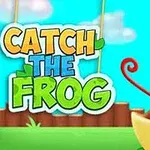 Tecknad groda med utstickande tunga bredvid texten Catch the Frog mot en blå himmel och trästaket