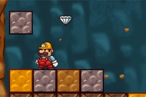 En tecknad figur med gul hjälm och röda hängselbyxor står på block vid sidan av en svävande diamant